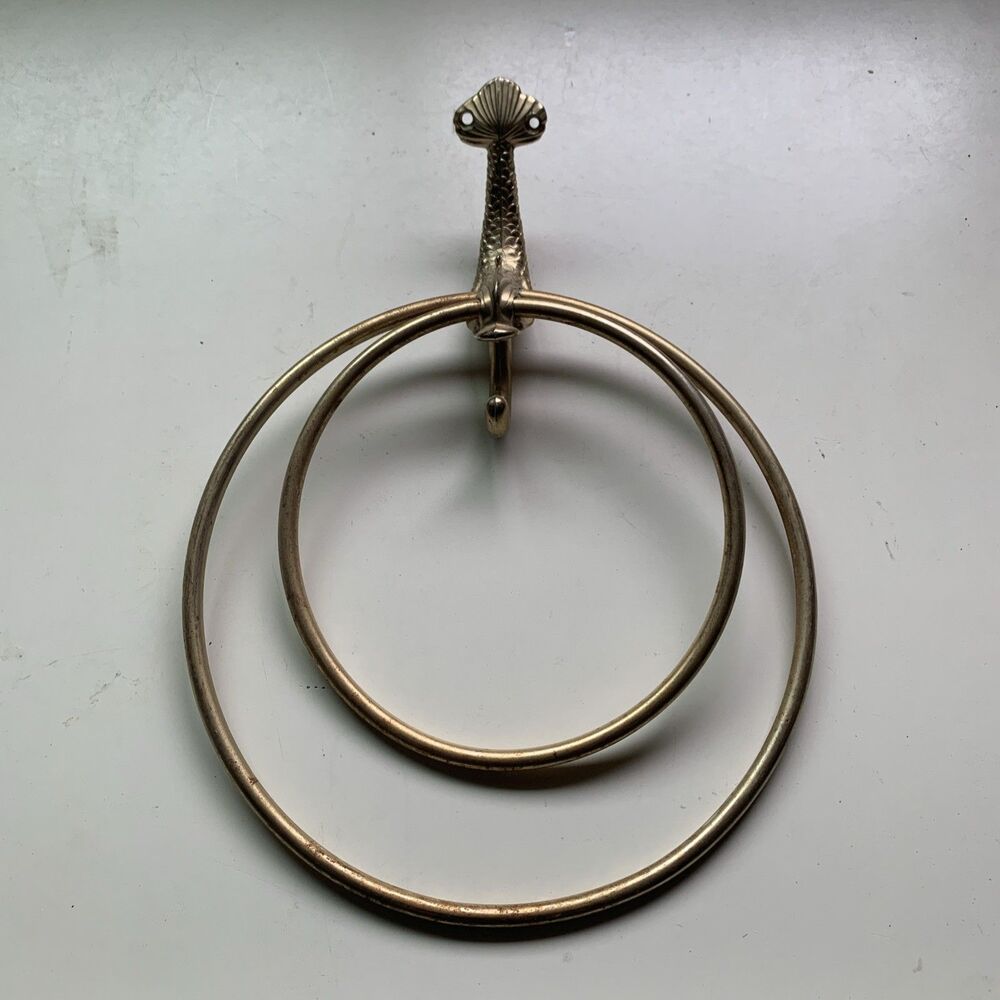 Vintage Brass Koi Fish Double Ring Wall Mount Hand Towel Holder MCM